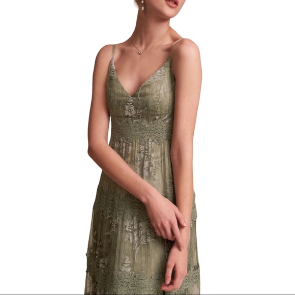 NWT BHLDN Anthropologie Joni 2 Green Embroidered Applique Silk Lace Formal Gown - Picture 3 of 4